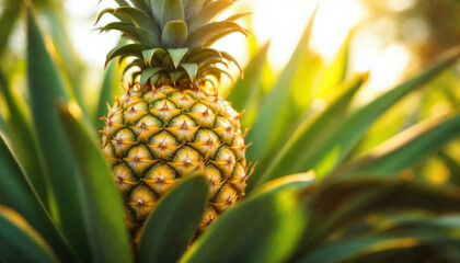 Close-up of a ripe pineapple on its plant