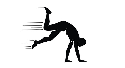 Energetic silhouette of an acrobat performing a fast handstand kick. Vector icon representing speed, agility, and dynamic movement in a competition