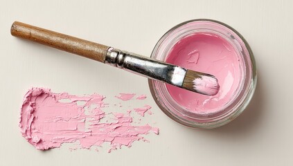 Pink paint, brush, and jar