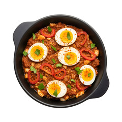Delicious Shakshuka with Eggs and Peppers in Black Pan.