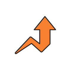 Orange upward arrow with jagged base on a white background, indicating growth. Concept for financial improvement, market trends and positive development