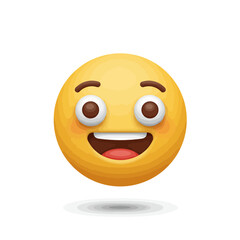 Fototapeta premium Smiling yellow cartoon emoji face with joyful expression and round eyes. concept for online communication, social media reactions and instant messaging