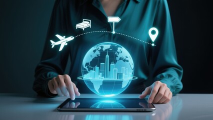 A woman using a digital tablet projecting holographic globe with airplane, hotel, and location icons, futuristic hotel property management system, pms, hotel booking tech