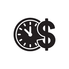 A black and white image of a clock and a dollar sign representing time is money concept icon