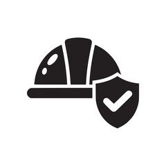 Black hardhat with shield and checkmark symbolizing safety and protection in construction industry © Ella