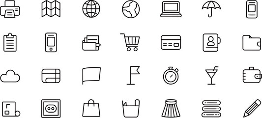 Minimalist black business and travel icons set with various objects and symbols for office, technology, and leisure