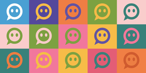 Colorful chat bubble icons with smiley faces grid pattern, representing communication and social interaction playful style