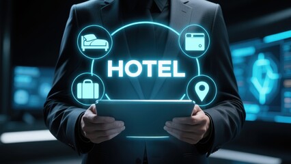 Fototapeta premium A businessperson holding a tablet with holographic hotel icon glowing above, futuristic hotel property management system, pms, hotel booking technology