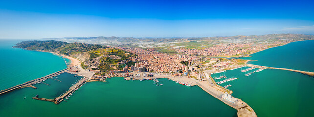 Fototapeta na wymiar Licata city port aerial panoramic view in Sicily