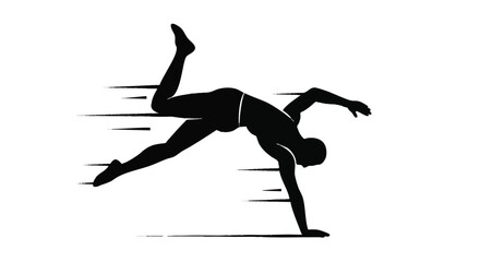 Dynamic black silhouette illustrating a person in an agile and powerful acrobatic pose, enhanced with speed lines to convey rapid motion and momentum