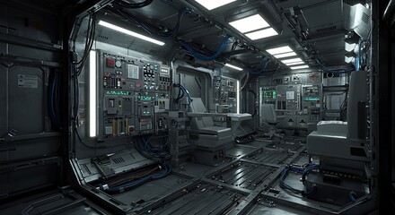 Interior of a futuristic spaceship control room shows advanced technology and complex systems, creating a sense of exploration and innovation.