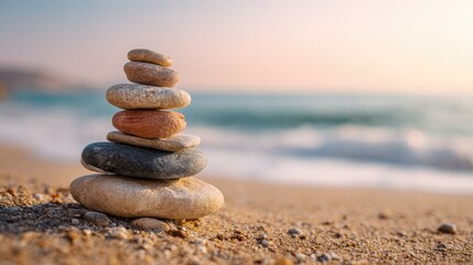 Fototapeta premium Stacked stones on beach at sunrise