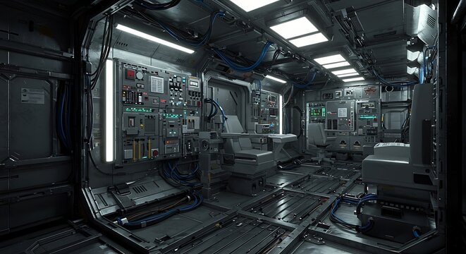 Interior of a futuristic spaceship control room shows advanced technology and complex systems, creating a sense of exploration and innovation.