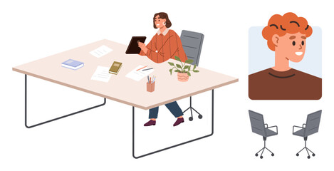 Woman working with a tablet at a desk with papers, plants, and stationery portrait placeholder, chairs. Ideal for remote work, communication, team collaboration, online meetings, workspace design