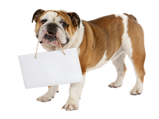 Adorable Bulldog Holding Blank Sign in Mouth Ready for Your Message Creative Animal Communication Solution Isolated on Black Background Pet Adoption Announcement
