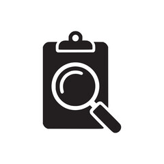 A black clipboard with a white magnifying glass on it in a simple and clean vector illustration