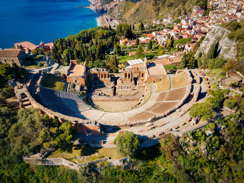 The Ancient Theatre of Taormina aerial panoramic view, Sicily