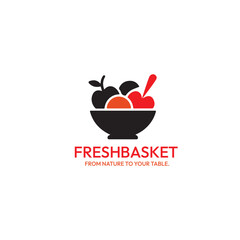 A stylized logo featuring a black bowl filled with colorful fruits on a white background design element