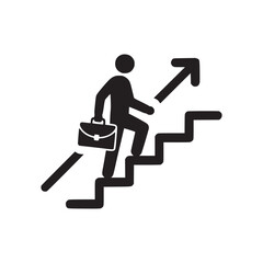 A black and white illustration of a person climbing stairs with a briefcase and an arrow pointing up