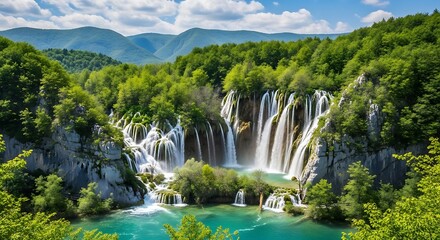 Fototapeta premium Stunning Waterfall Cascading into Turquoise Lake.