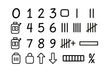 Hand drawn numbers and counting doodle icons set. Tally marks, stopwatch and math vector symbols sketch collection. Playful doodle of numbers and measurement icons illustration pack