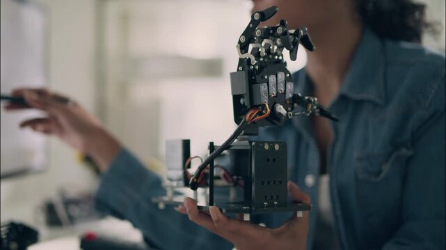 Close-up view of a robotic arm prototype held by a female engineer, showcasing innovation, artificial intelligence, robotics, and modern technology development for research and engineering.