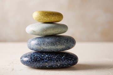 A stack of colorful stones balanced perfectly on a light beige surface, evoking a sense of tranquility and harmony.