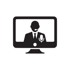 A black and white icon of a person on a computer screen with a microphone and a tie and jacket on