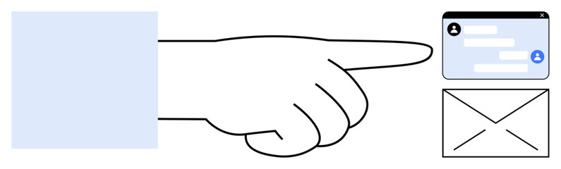 Hand pointing toward a chat interface with user messages and an email envelope. Ideal for communication, messaging, user interaction, digital tools, email notification, online services, simple
