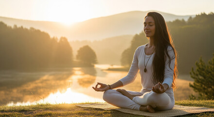 Fototapeta premium Peaceful woman meditating yoga outdoors at sunrise, glowing warm light, serene natural background