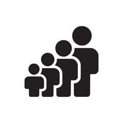 A simple black and white illustration showing a line of people increasing in size from left to right