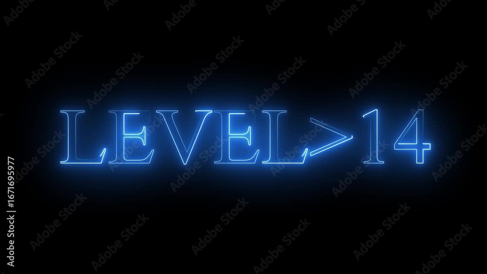 Wall mural level 14 neon bright text font colorful 4k video animation. Neon level up sign and upper Level . next Level text screen display animation. black background and blue color text.. 4k video.