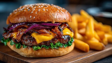 Juicy cheeseburger topped with crispy bacon and red onions served with golden fries on a wooden board