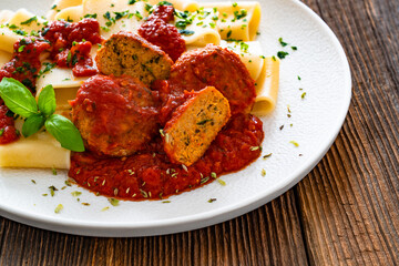 Pasta with meatballs in bolognese sauce on wooden table	