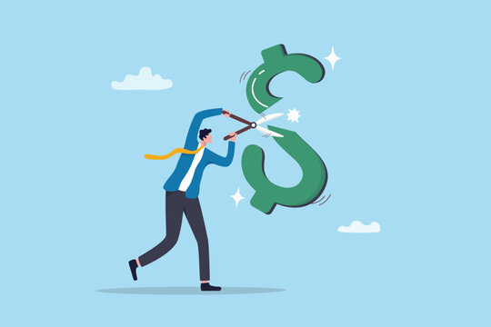 Cut expense reduce budget, interest rate or loan debt decrease, investment reduction in recession or financial problem crisis, tax payment, businessman cut dollar sign metaphor of cut expense.