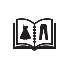 Open book illustration displaying a dress on the left page and pants on the right page in black