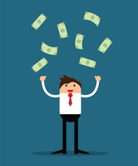 Business Man with a Lot of Money Flat Style. People earning and growing finances, lottery win vector art