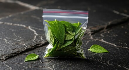 Fresh basil leaves in a plastic bag against a dark marble backdrop offer a vibrant and clean