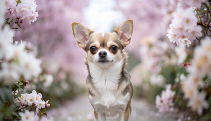 Adorable Chihuahua Puppy in a Floral Springtime Setting, Charming Chihuahua Portrait Amidst Blooming Pink Cherry Blossoms