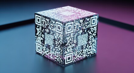 Futuristic glowing QR code cube representing modern digital access technology