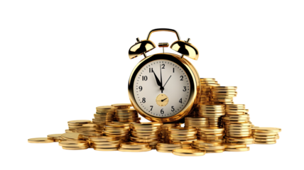 Gold vintage alarm clock sitting atop a pile of books 3D rendering on white background