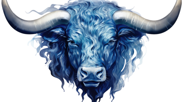 Glossy blue bull bust with curly mane 3D illustration on white background
