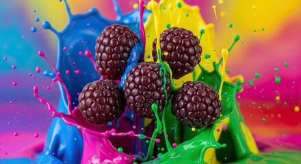 Delicious Blackberries Surrounded by a Lively Cascade of Multicolored Paint and Fluid Dynamics