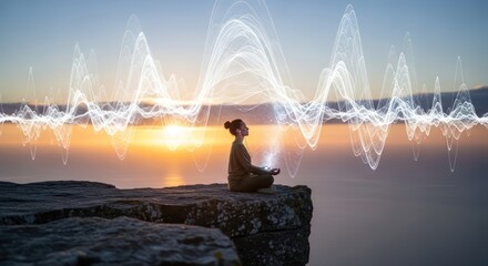 Harmony of mind a peaceful woman in meditation at sunset enhanced with energy waves on the horizon