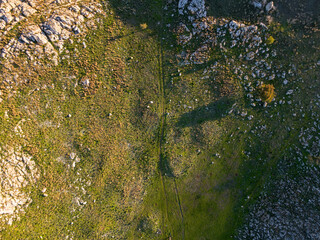 Aerial top down of rocky grassy meadow near Nafplio winter in Mediterranean Greece