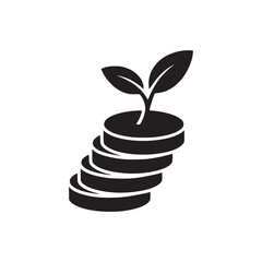 A stylized depiction of a stack of coins with a plant growing out of the top in black and white art