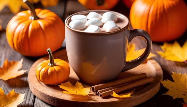 Fall Themed Hot Cocoa with Marshmallows.The concept captures the essence of a comfortable and cozy fall day, blending the warmth of a sweet treat with classic symbols of the harvest season.