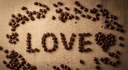 The word LOVE spelled out with roasted coffee beans on a burlap background.