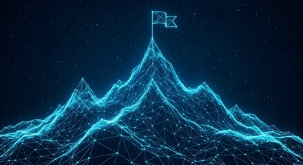 Abstract digital mountain with flag on top concept of success achievement and leadership peak goal