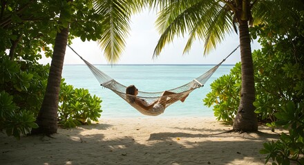 Relaxing person in a hammock surrounded by lush tropical foliage near a serene beach and ocean